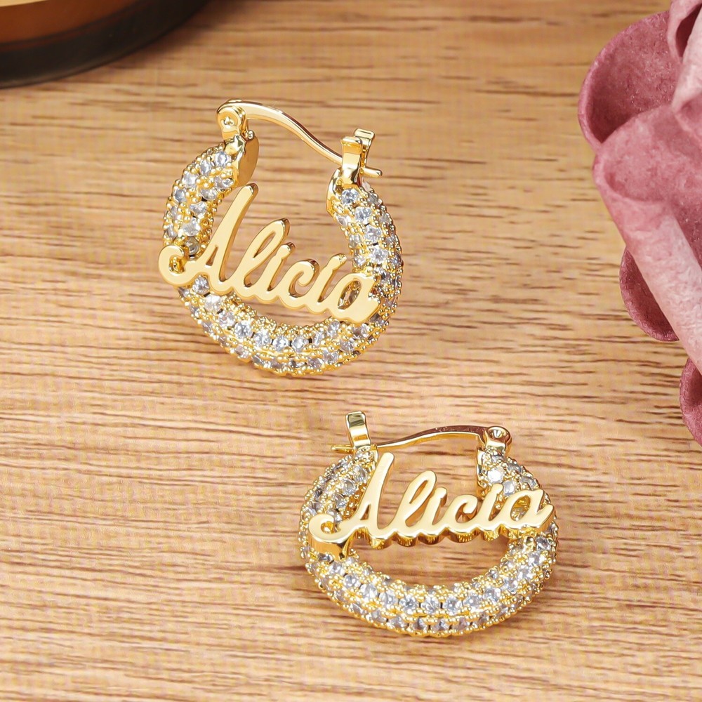 Zircon Custom Nameplate Hoop Mini Earrings with Bling