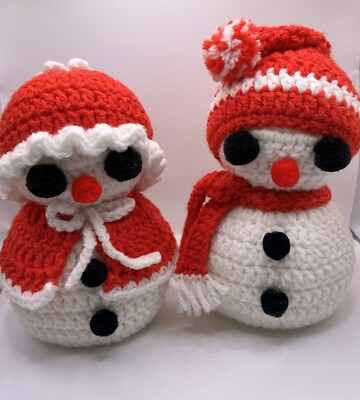 Crochet Mr & Mrs Snowmen Handmade VTG Red White Christmas Grandma Vintage Kitsch