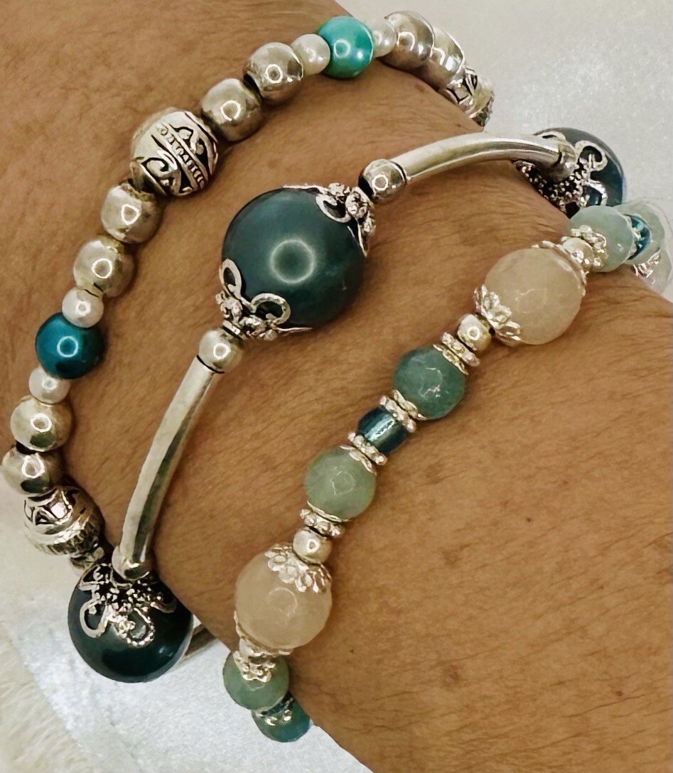 Sterling Silver Blessing Bracelets Wholesale Stacked Set Of Teal