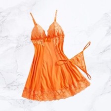2-Piece Slip Dress G-String Panty Set Lingerie w/ Lace, Pretty Orange