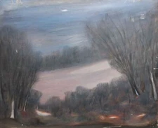 Vintage realist oil painting town trees landscape