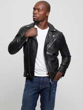 Guess Black Leather biker jacket Size L Mens ...