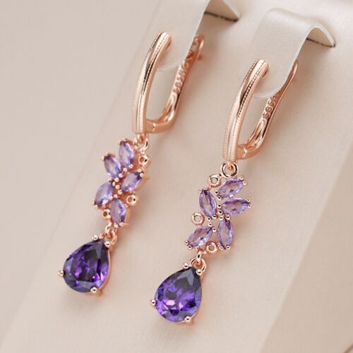 Purple Zircon Long Dangle Earrings for Women Rose Gold Vintage Fine Jewelry - Picture 1 of 5