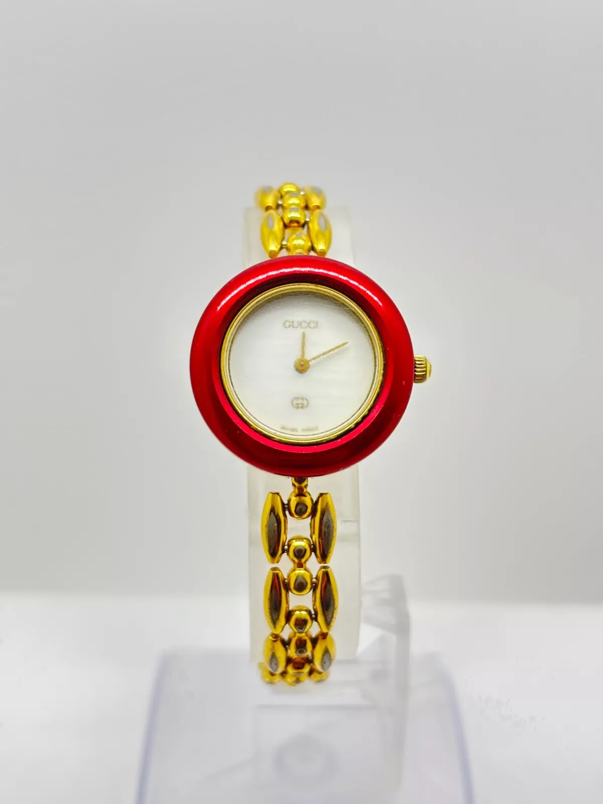 [Exc+] Montre Gucci Lunette Change 11/12 Couleurs Rouge Blanc/Or Quartz Occasion Fonctionne