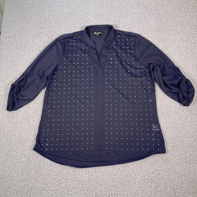 Absolutely Famous Tunic Top Womens M Navy Blue Roll Tab Sleeve Knit Semi Sheer