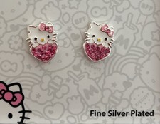 Adorable Silver Pink Crystal Heart Hello Kitty Stud Earrings - New In Box