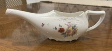 Antique Porcelain Invalid Feeder/Pap Boat In A Floral Pattern With Gold Trim. ￼