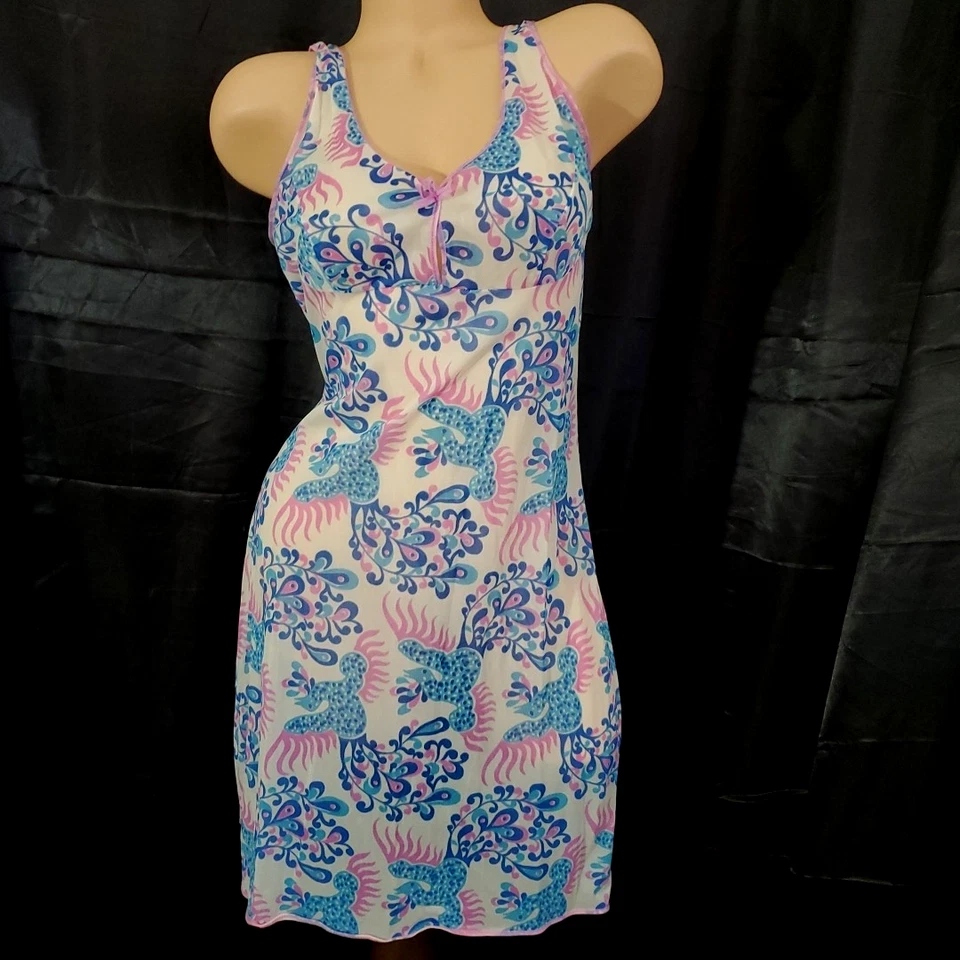 Camisón Babydoll Vintage Años 60 70 Vestido sin Mangas AZUL Y ROSA FLORAL Sedoso GRANDE Foto 3 de 4