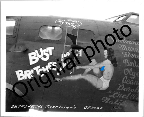 WWII US B-29 Bomber Nose Art "Bust Britches" Okinawa Photo Original 1945