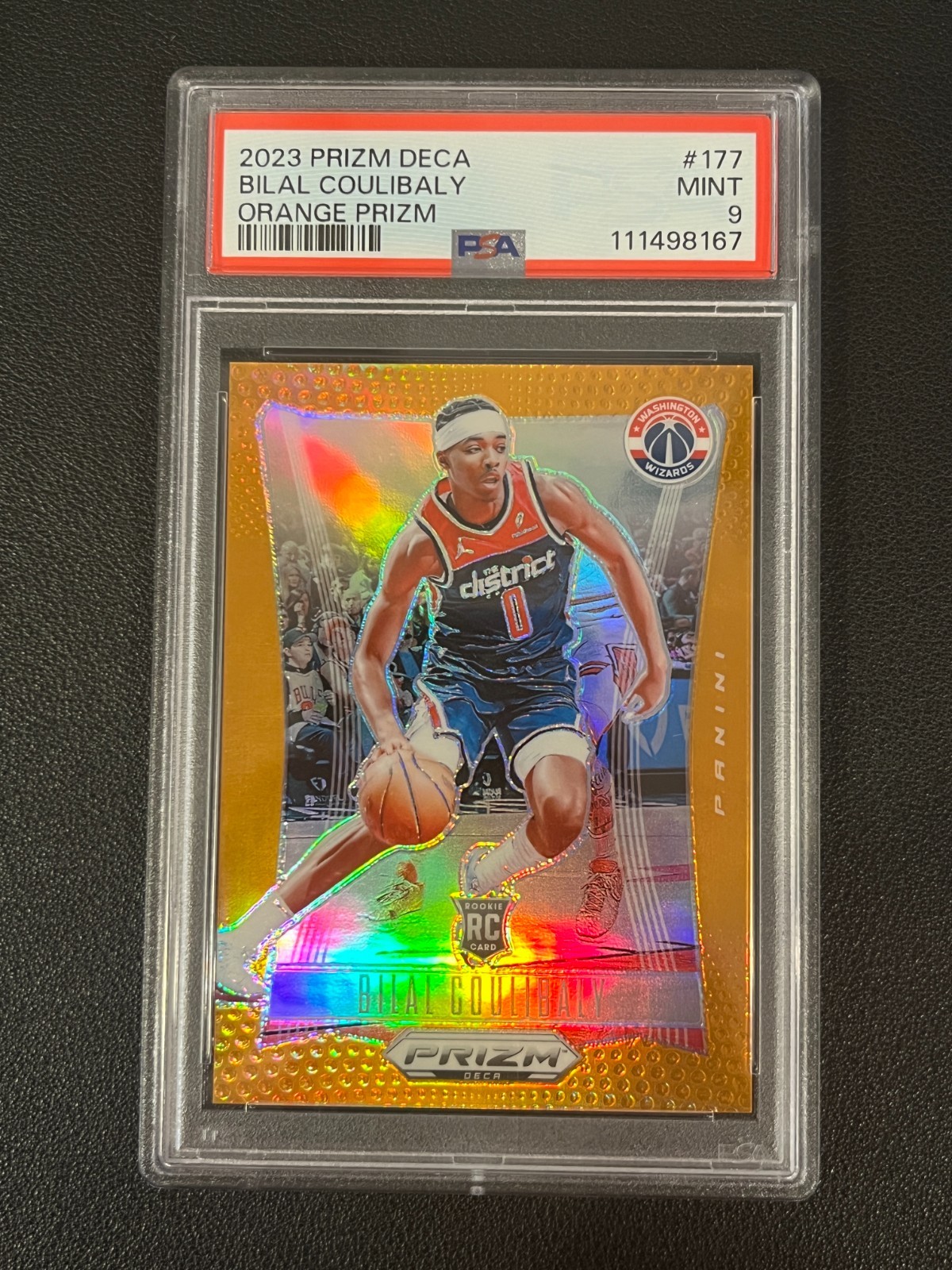 Bilal Coulibaly 2023-24 Prizm Deca Rookie Orange /49 PSA 9 Wizards