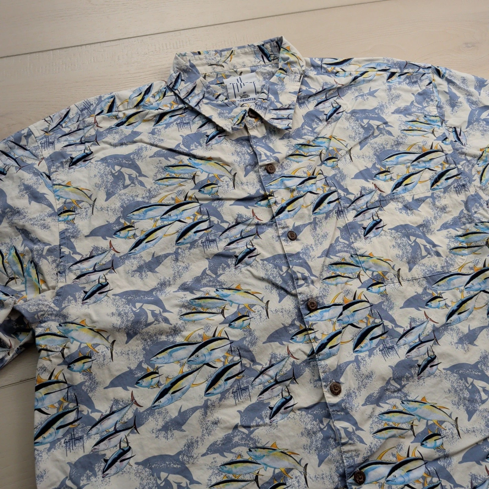 Guy Harvey AFTCO Bluewater Shirt Mens 2XL Tuna Dolphin Fish Print Cotton Button