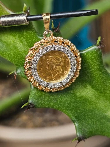 Exquisite Estate 1852 $1 US Liberty Gold Coin Pendant Diamond