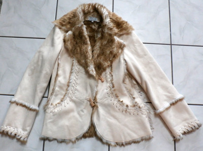 VTG Y2K Becca Afghan Coat Jacket M Ivory Faux Suede Fur Penny Lane Phoebe Buffy