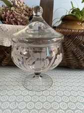 Large  Glass Apothecary / Bon Bon  Jar With Lid ~ Etched flower  10 X 7” SH