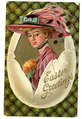 c.1911 Embossed Easter Greetings Postcard   Lady in Egg   (C035)