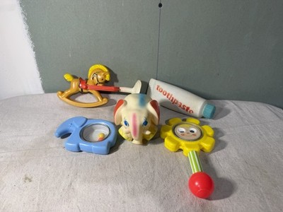 VINTAGE 1973 FISHER PRICE BABY FLOWER RATTLE ELEPHANT TOOTHPASTE RATTLE HORSE