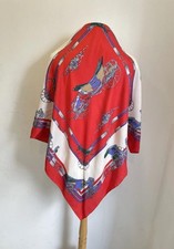 Vintage Silk Scarf Equestrian Horse Carriage Coach Print Red White Navy A119
