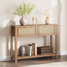 Rattan Console Table with 2 Drawers, Narrow Entryway Table 2-Tier Storage Shelf
