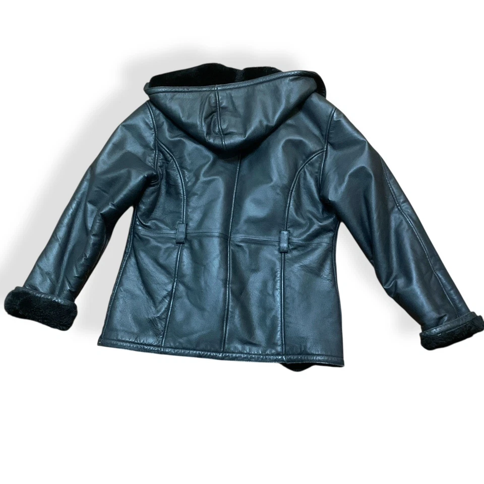 Wilsons Women’s Leather Jacket Black Faux Fur Lined Hooded Zip Sz M Mob Wife - Image 4 of 4