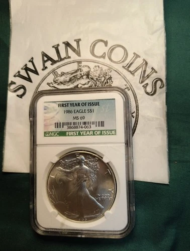 1986 AMERICAN SILVER EAGLE NGC MS69 FIRST YEAR OF ISSUE ET104