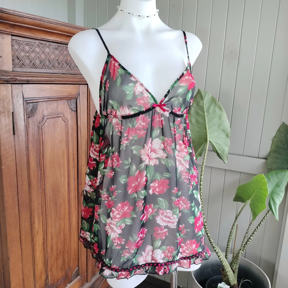 Forever 21 Womens Babydoll Cami Tank Top Womens Black Floral Sheer Size S - image 4 of 4