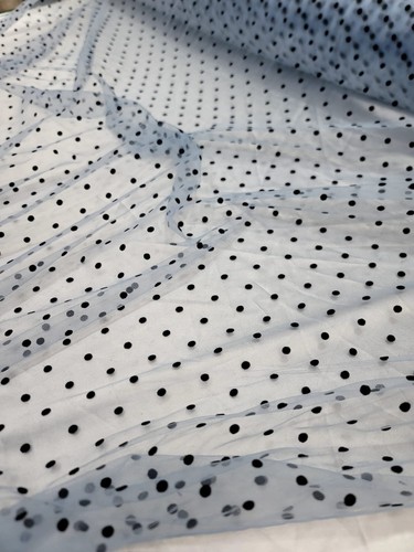 Vintage Sky Blue Tulle Black Velvet Polka Dot Pattern Lace Fabric By The Yard - Picture 2 of 10