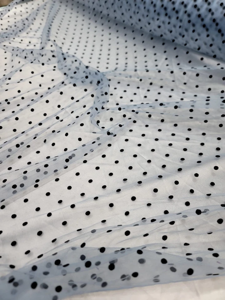 Vintage Sky Blue Tulle Black Velvet Polka Dot Pattern Lace Fabric By The Yard  - Image 2 of 4