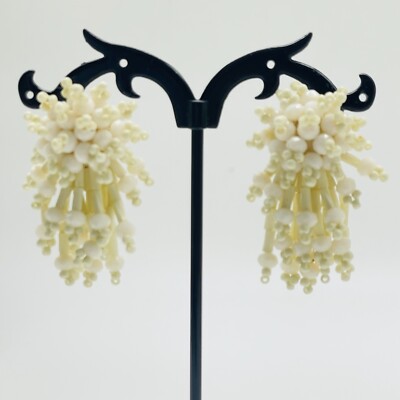 Vintage White Bead  Earrings Cluster Fringe Pierced Statement Cream