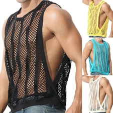 Mens Net Mesh Striped Vest Tank Top Gym Stretch Shirt See Through Clubwear Basic
