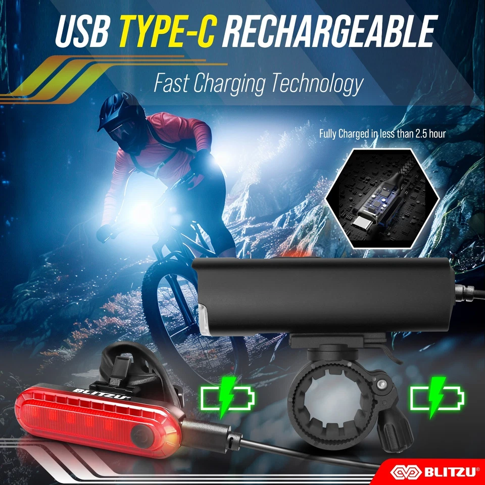 BLITZU Gator 1200 Lumen Bike Light Set Front & Back USB-C Rechargeable Bright - Image 4 of 4