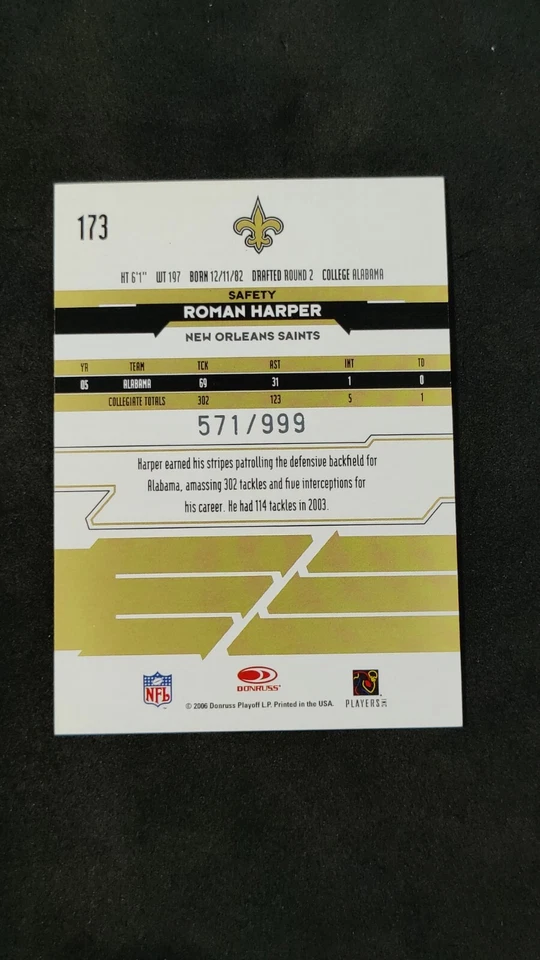 2006 Leaf Rookies & Stars - Rookie Roman Harper /999 RC New Orleans Saints #173 - Image 3 of 3