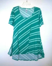 Lularoe Womens Tunic top Green Striped Sz S high low short sleeve stretch EUC