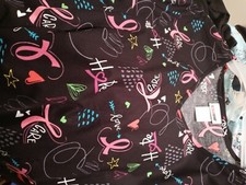 NWT Scrub Star Size S 2 Pockets Side Slits Breast Cancer Theme