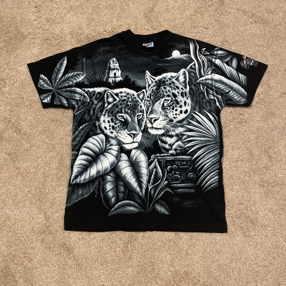 VTG Harlequin Leopard Shirt Black All Over Print Single Stitch 90's Size Large