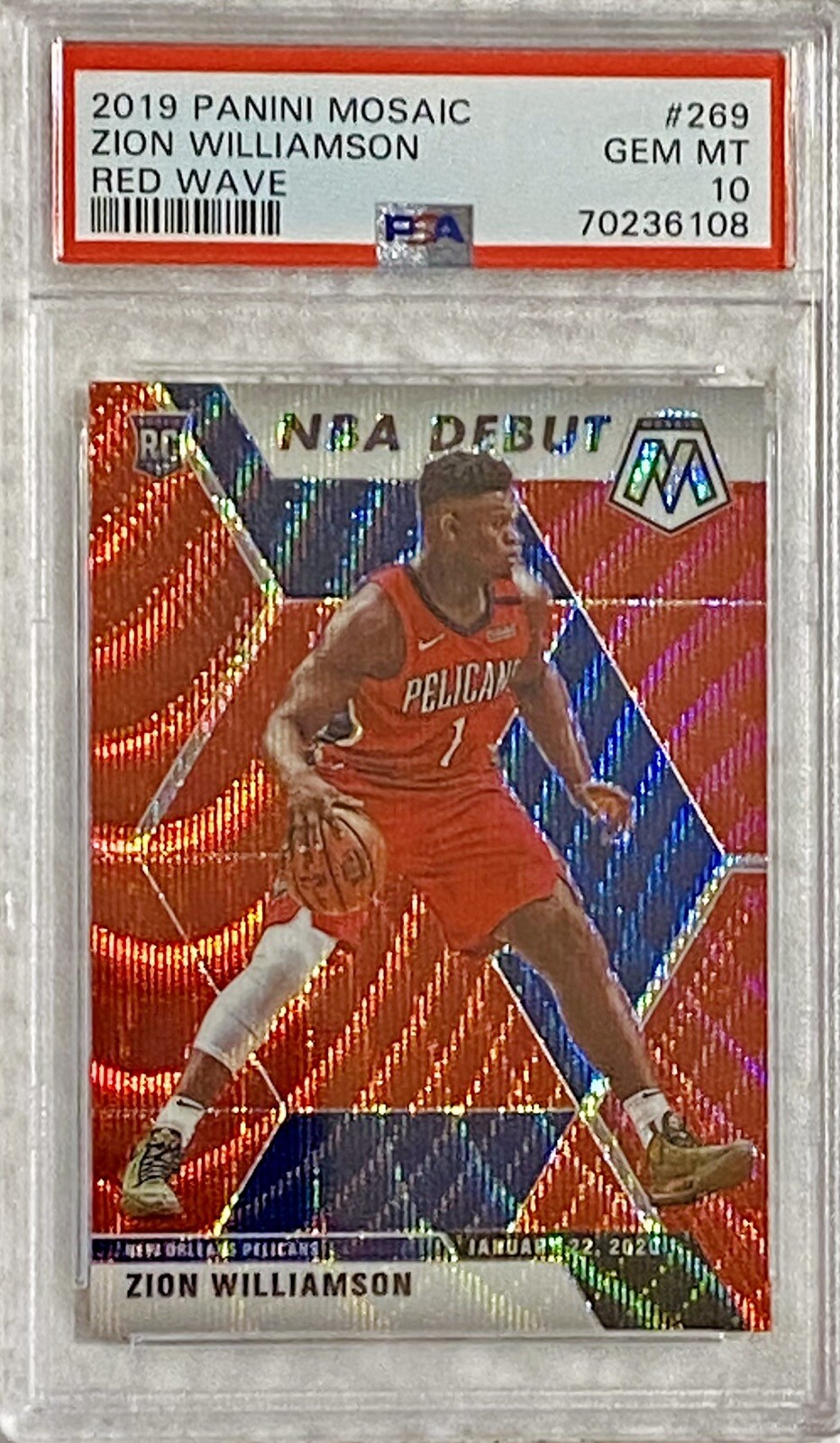 2019 Panini Mosaic Zion Williamson NBA Debut Red Wave Rookie RC #269 PSA 10 GEM