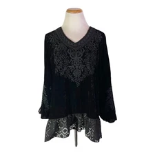 John Mark Size S Black Velvet Embroidered Top Sheer Peplum
