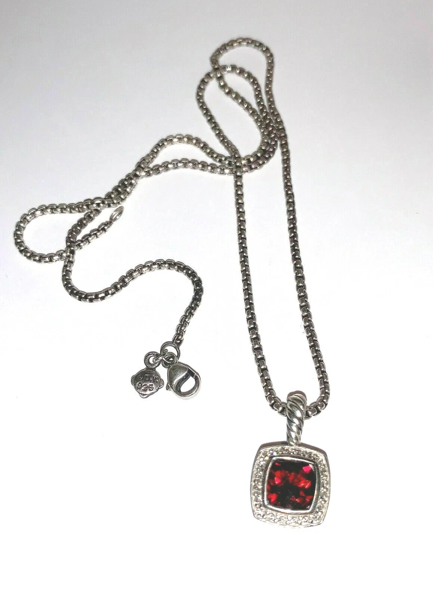 David Yurman Petite Albion Silver Garnet 7mm Necklace with Diamonds 17 chain