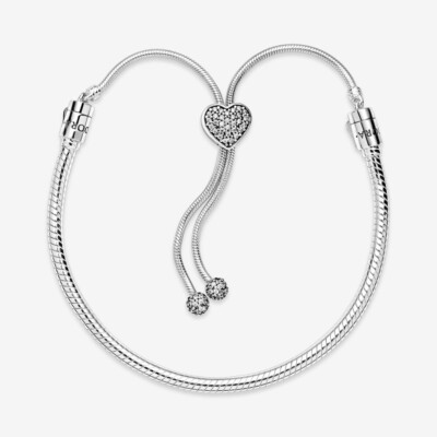 NWB PANDORA Moments Pave Heart Clasp Snake Chain Slider Bracelet