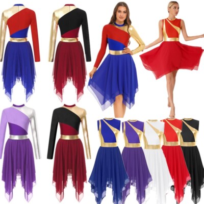 Women Metallic Color Block Lyrical Dance Dress Overlay Praise Dance Dancewear