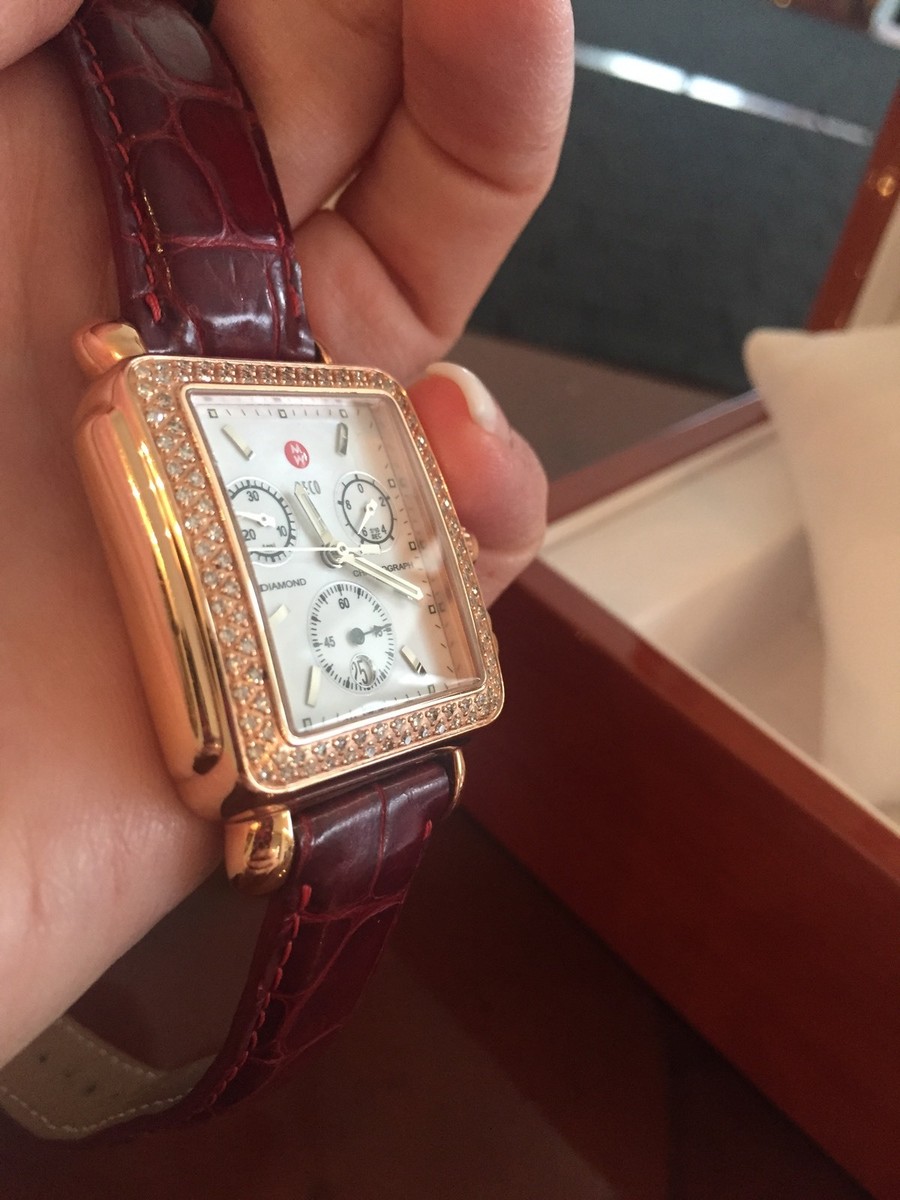 Michele Rose Gold Deco Diamond .60ct Alligator Leather Watch w