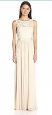 Adrianna Papell Sequin Mesh Stretch Tulle Gown Lace Champagne Beige Nude Size 8