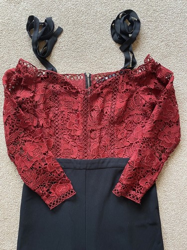 🖤 VERY JUMPSUIT SIZE 12 OFF SHOULDER MAROON CROCHET LACE BLACK TROUSERS🖤 - Picture 2 of 3
