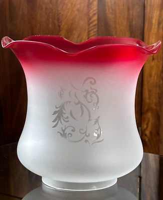 Victorian Style Ruby Red Cranberry Frosted Glass Tulip Oil Lamp Shade