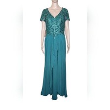 NWT JJ's House women's size 8 dark green embroidered lace chiffon maxi dress