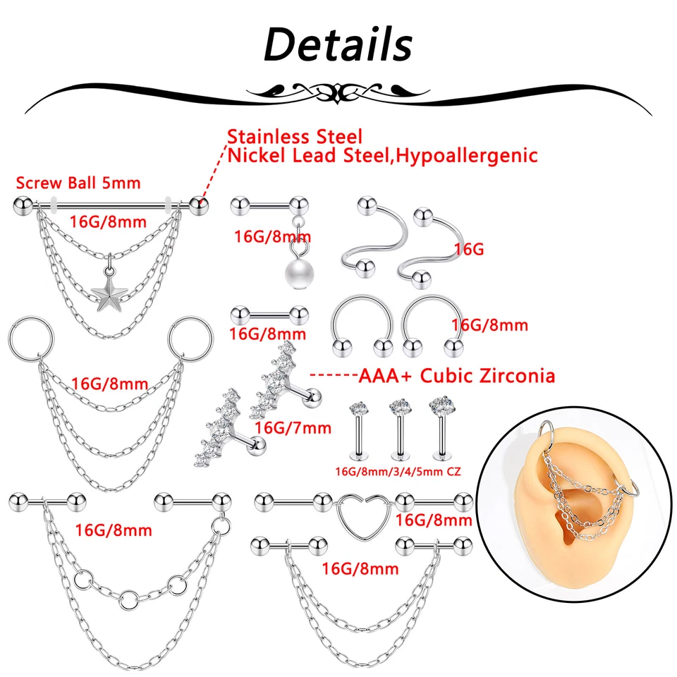 Juego de labios pendientes tragus cartílago acero quirúrgico barra industrial 16 piezas 16G Foto 3 de 4