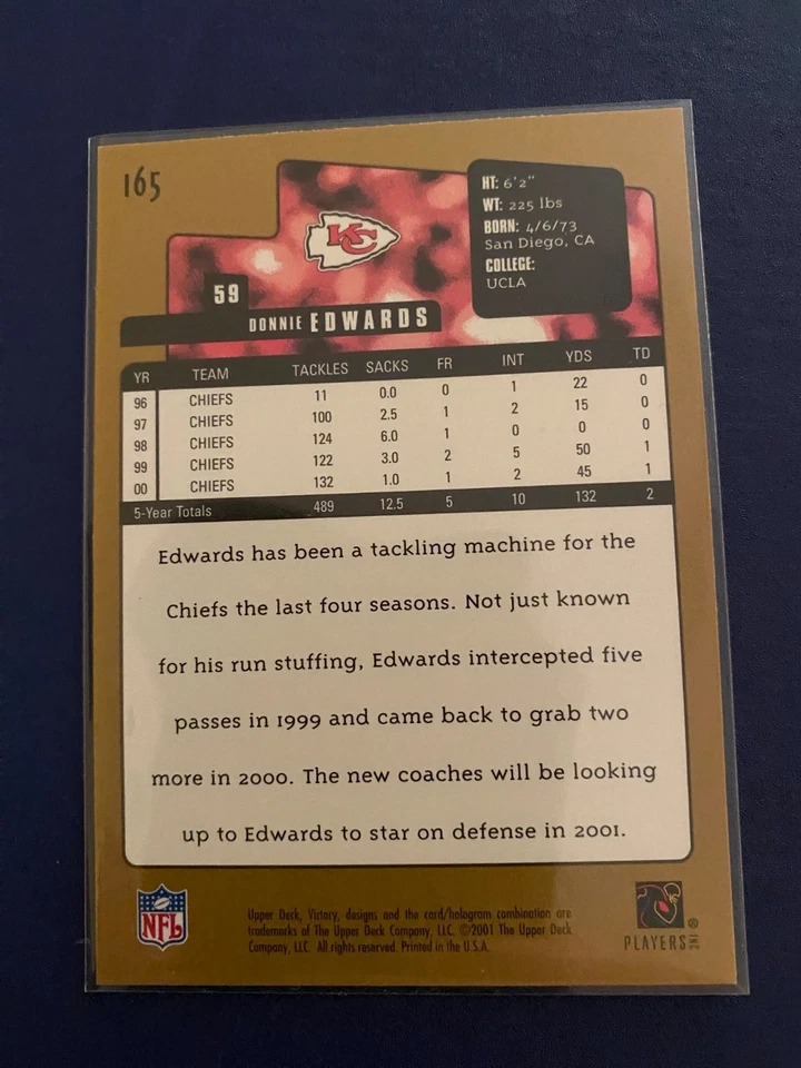 2001 Upper Deck Victory - Donnie Edwards #165 Gold Kansas City Chiefs - Image 2 of 2