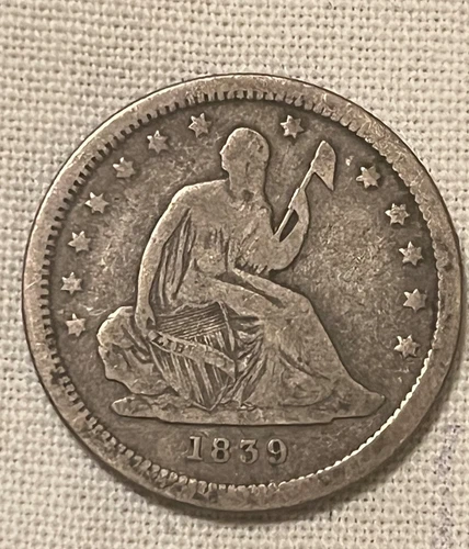 1839 No Drapery  Seated Liberty Quarter dollar,  Fine scarce date & grade