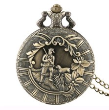 Bronze Huntsman Style Quartz Movement Analog Pocket Watch with Chain