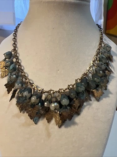 Vtg Unsigned Miriam Haskell Style Leaf Brass Choker Necklace Baroque Pearl As Is