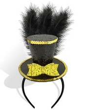Black Mini Top Hat Headband, Feather Fascinator, Graduation, New Year Costume